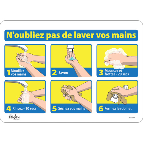 Zenith Safety Products SGU299 "N'oubliez pas de laver vos mains" Sign, 10" x 14", Vinyl, French with Pictogram