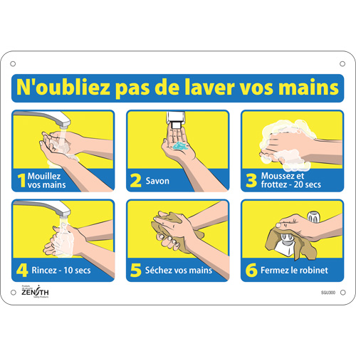Zenith Safety Products SGU300 "N'oubliez pas de laver vos mains" Sign, 10" x 14", Plastic, French with Pictogram