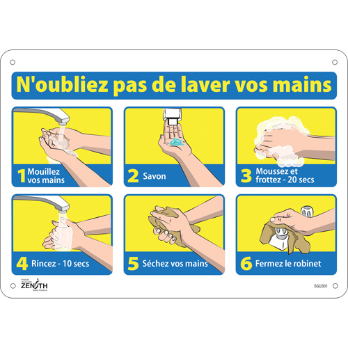 Zenith Safety Products SGU301 "N'oubliez pas de laver vos mains" Sign, 10" x 14", Aluminum, French with Pictogram