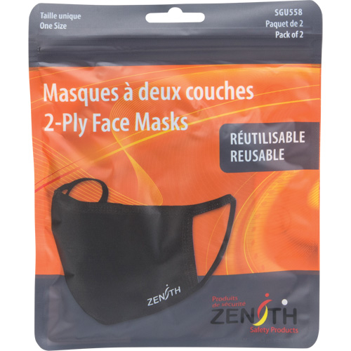 Zenith Safety Products SGU558 2-Ply Reusable Face Masks, Polyester, Black