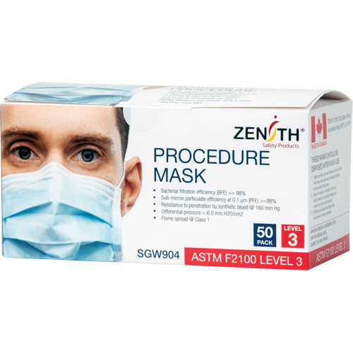 Zenith Safety Products SGW904 Disposable Procedure Face Masks, ASTM F2100 Level 3, Class 1