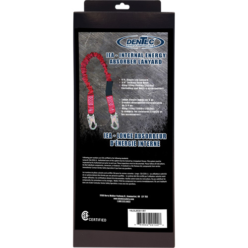 Dentec 16LSLM3611RT ShockSorb Internal Shock Lanyard, 6', Snap Hook Center, Snap Hook Leg Ends, Polyester