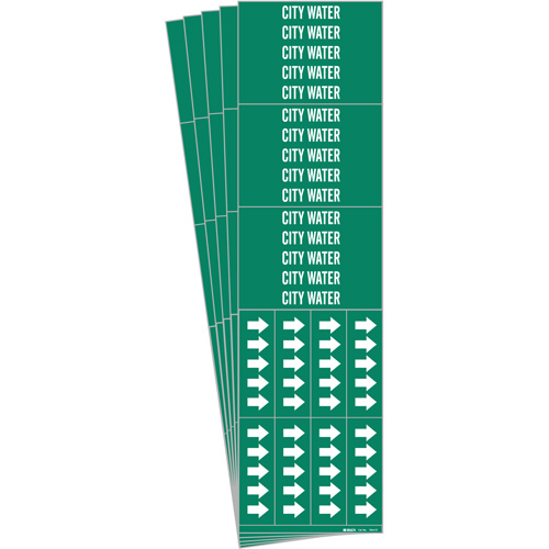 Brady 7054-3C-PK "City Water" Pipe Marker, Self-Adhesive, 2-1/4" H x 2-3/4" W, White on Green