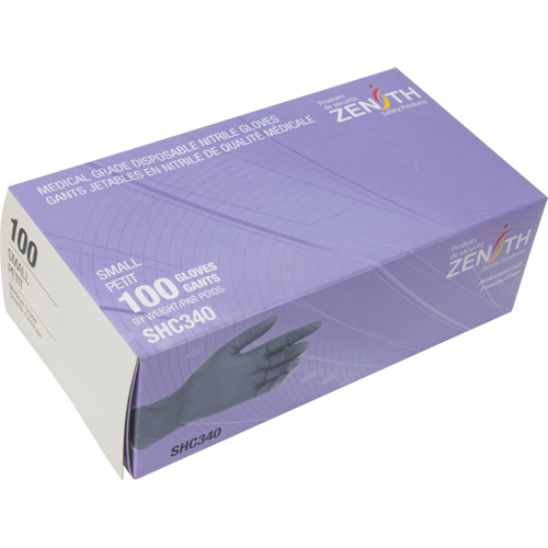 Zenith Safety Products SHC340 Medical Grade Disposable Gloves, Small, Nitrile, 6-mil, Powder-Free, Black, Class 2