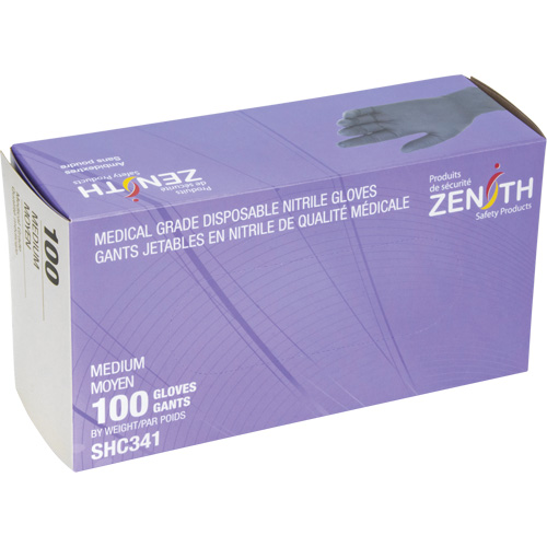 Zenith Safety Products SHC341 Medical Grade Disposable Gloves, Medium, Nitrile, 6-mil, Powder-Free, Black, Class 2