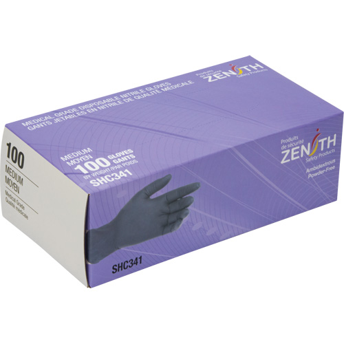 Zenith Safety Products SHC341 Medical Grade Disposable Gloves, Medium, Nitrile, 6-mil, Powder-Free, Black, Class 2