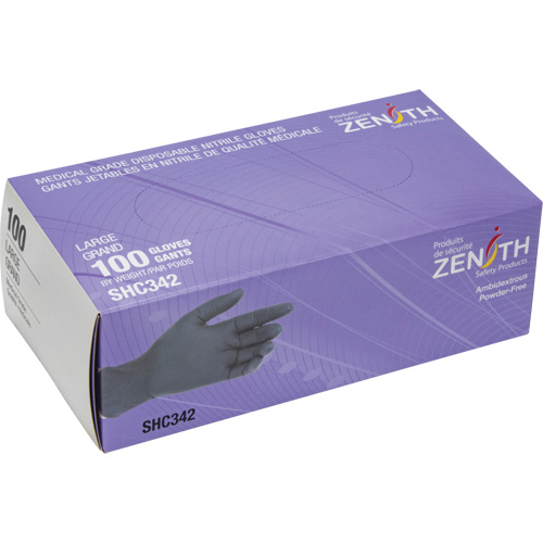 Zenith Safety Products SHC342 Medical Grade Disposable Gloves, Large, Nitrile, 6-mil, Powder-Free, Black, Class 2