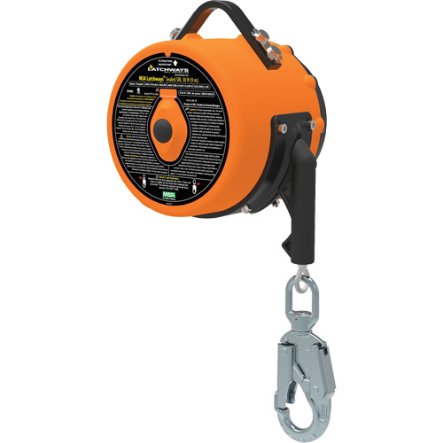 MSA 62826-00CA Latchways Sealed Self-Retracting Lanyard, 85', 1 Leg, Stainless Steel Cable, Snap Hook Harness Connector