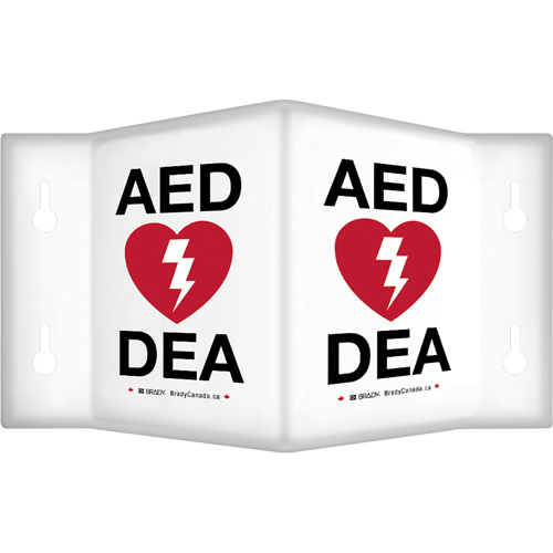 Brady 178739 90° Projecting "AED/DEA" Sign, 9" x 6", Plastic, Bilingual with Pictogram