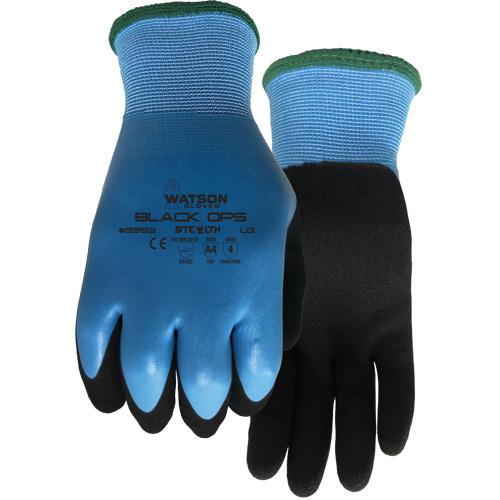 Watson Gloves 9393-L Stealth Black Ops Water-Resistant Gloves, Size Large, 15 Gauge, Rubber Latex Coated, Glass Fibre/Polyester Shell, ASTM ANSI Level A4