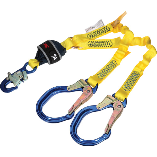 3M DBI Sala Fall Protection 1246587C Twin-Leg Stretch Web Shock-Absorbing Lanyard, 4', Rebar Hook Center, Snap Hook Leg Ends
