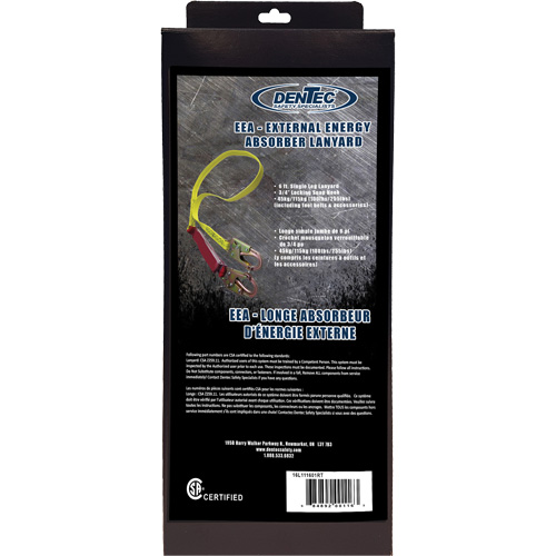 Dentec 16L111601RT External Energy Absorber Lanyard with 3/4" Hook in Retail Box, 6', Snap Hook Center, Snap Hook Leg Ends, Polyester