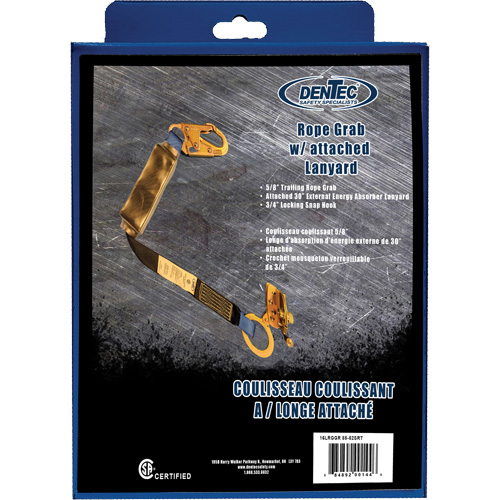 Dentec 16LRGGR 85-52SRT Trailing Rope Grab with Attached Shock Pack Lanyard in Retail Box, 2', Snap Hook Center, Snap Hook Leg Ends, Polyester