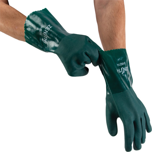 Zenith Safety Products SHN214 Double Dipped Green Gloves, 12" L, PVC, Cotton Jersey Inner Lining, 70-mil
