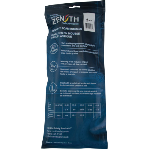 Zenith Safety Products SHN383 Memory Foam Insoles, Men's 8 - 9/Women's 10 - 11