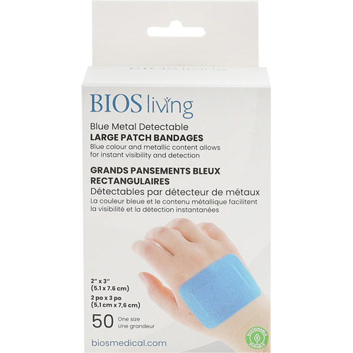 BIOS FA-107 Grands bandages renforc&eacute;s bleus, Rectangulaire/carr&eacute;e, 3", Tissu d&eacute;tectable, St&eacute;rile