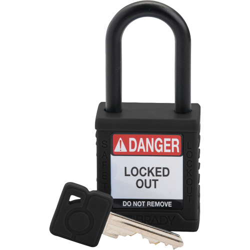 Brady SDPL-BLK-38PL-KD Velocity Safety Lockout Padlock, Black, Keyed Different, Nylon, 1-1/2" Width