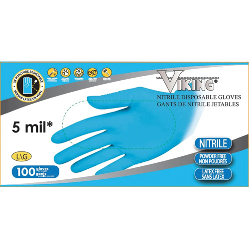 Viking 34600L Gants jetables 34600, Grand, Nitrile, 5 mils, Sans poudre, Bleu