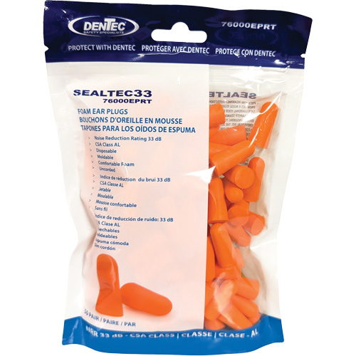 Dentec 76000EPRT Bouchons d'oreilles jetables en mousse orange SEALTEC33, Vrac - Sac en poly