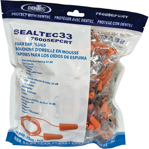 Dentec 76005EPCRT Bouchons d'oreilles coniques jetables en mousse de PU orange SEALTEC33, Vrac - Sac en poly, Avec cordon