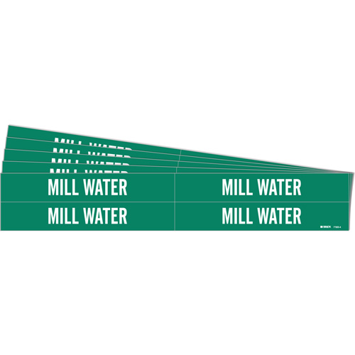 Brady 7193-4-PK "Mill Water" Pipe Markers, Self-Adhesive, 1-1/8" H x 7" W, White on Green