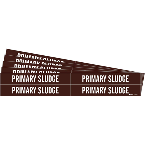 Brady 7222-4-PK "Primary Sludge" Pipe Markers, Self-Adhesive, 1-1/8" H x 7" W, White on Brown