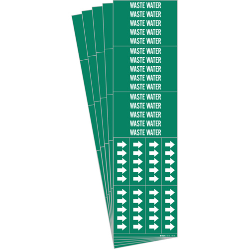 Brady 7301-3C-PK "Waste Water" Pipe Markers, Self-Adhesive, 2-1/4" H x 2-3/4" W, White on Green