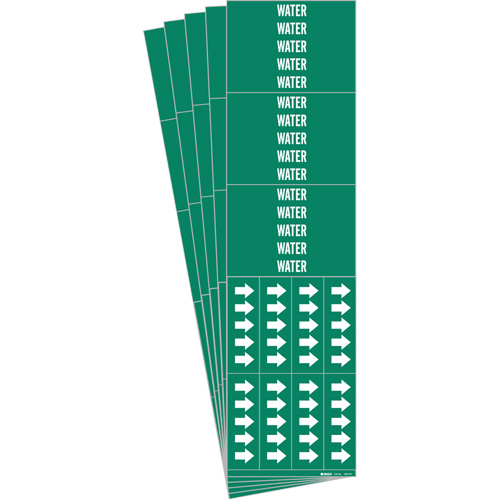 Brady 7304-3C-PK "Water" Pipe Markers, Self-Adhesive, 2-1/4" H x 2-3/4" W, White on Green