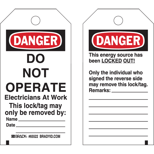 Brady 65522 Lockout Tags, Plastic, 3" W x 5-1/2" H, English