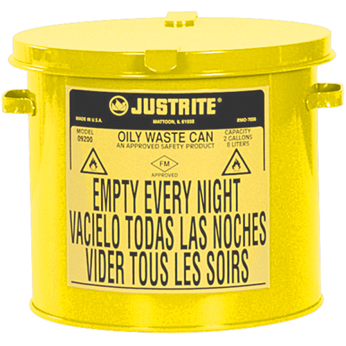 Justrite 09200Y Oily Waste Cans, FM Approved/UL Listed, 2 US gal., Yellow
