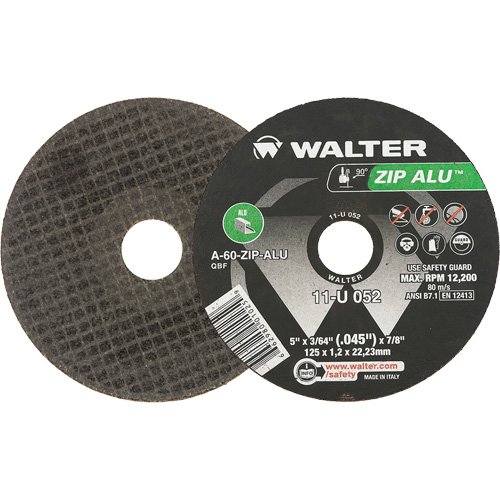Walter Surface Technologies 11U052 Zip Alu Cut-Off Wheel, 5" x 3/64", 7/8" Arbor, Type 1, Aluminum Oxide, 12200 RPM