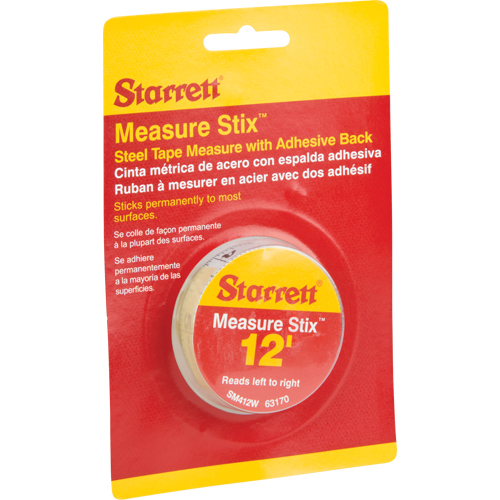 Starrett SM412W Measure Stix Steel Measuring Tape with Adhesive Backing, 1/2" x 12', in/ft. Graduations