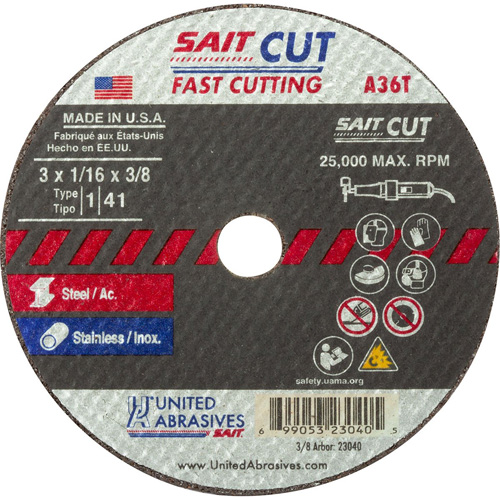 United Abrasives Inc. 23052 Cut-Off Wheel (A36T), 13" x 0.035", 3/8" Arbor, Type 1, Aluminum Oxide, 25000 RPM