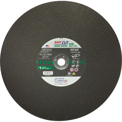 United Abrasives Inc. 23423 Meule &agrave; tronçonner haute vitesse pour le b&eacute;ton C24R, 12" x 1/8", Arbre de 25/32", Type 1, Carbure de silicium, 6300 Tr/min