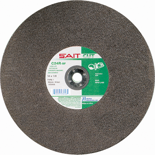 United Abrasives Inc. 23451 Meule &agrave; tronçonner haute vitesse pour le b&eacute;ton C24R, 14" x 1/8", Arbre de 1", Type 1, Carbure de silicium, 5400 Tr/min