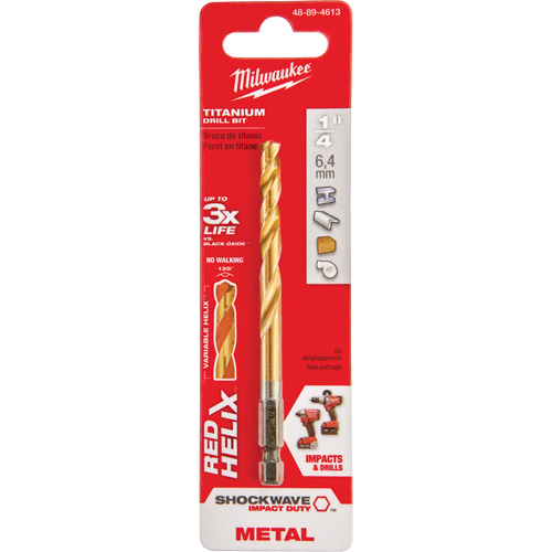 Milwaukee 48-89-4613 Foret Shockwave, 1/4", Titane, Cannelure 2-15/32", Pointe de 135°