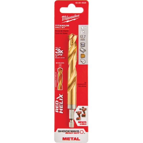 Milwaukee 48-89-4629 Foret Shockwave, 1/2", Titane, Cannelure 3-21/64, Pointe de 135°