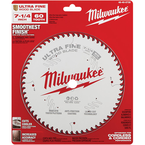 Milwaukee 48-40-0730 Lame de scie circulaire &agrave; finition tr&egrave;s fine, 7-1/4", 60 dents, Pour Bois