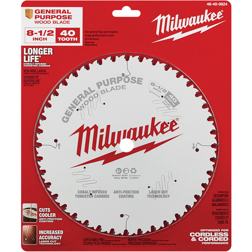 Milwaukee 48-40-0824 General Purpose Circular Saw Blade, 8-1/2", 40 Teeth, Wood Use