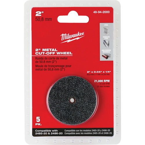 Milwaukee 49-94-2000 M12 Fuel Right Angle Die Grinder Cut-Off Wheels, 2" x 0.04", 1/4" Arbor, Type 1, Aluminum Oxide, 21000 RPM