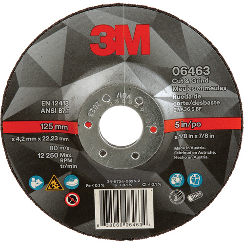 3M AB06463 Meule &agrave; tronçonner, 5" x 1/8", Arbre de 7/8", Type 27, C&eacute;ramique