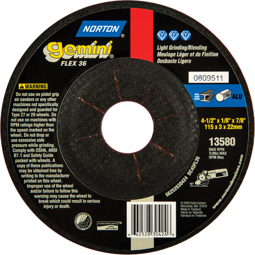 Norton 66252830424 Gemini&reg; Flexible Mini Disc Depressed Centre Wheel, 4-1/2" x 1/8", 7/8" Arbor, Aluminum Oxide, Type 27