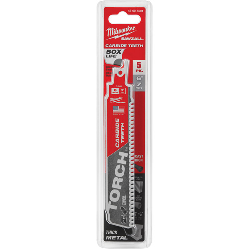 Milwaukee 48-00-5501 Lame de scie Torch Sawzall, Carbure, 7 Dents par pouce, 6" lo x 1" la