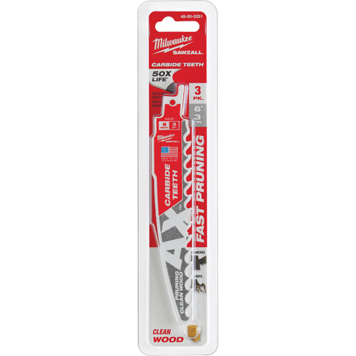 Milwaukee 48-00-5331 The Ax Sawzall&reg; Blade for Pruning & Clean Wood, Carbide, 3 TPI, 6" L x 1" W