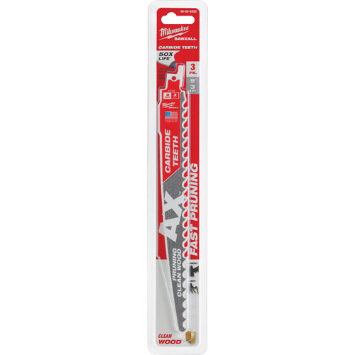 Milwaukee 48-00-5332 The Ax Sawzall&reg; Blade for Pruning & Clean Wood, Carbide, 3 TPI, 9" L x 1" W