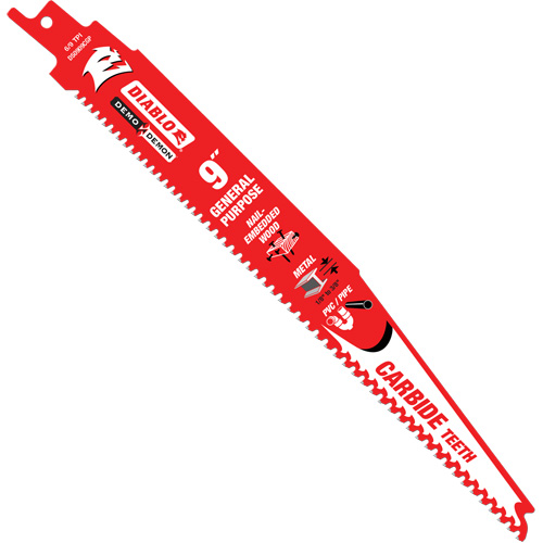 Diablo DS0909CGP3C General-Purpose Reciprocating Saw Blade, Carbide, 6-9 TPI, 9" L x 1" W