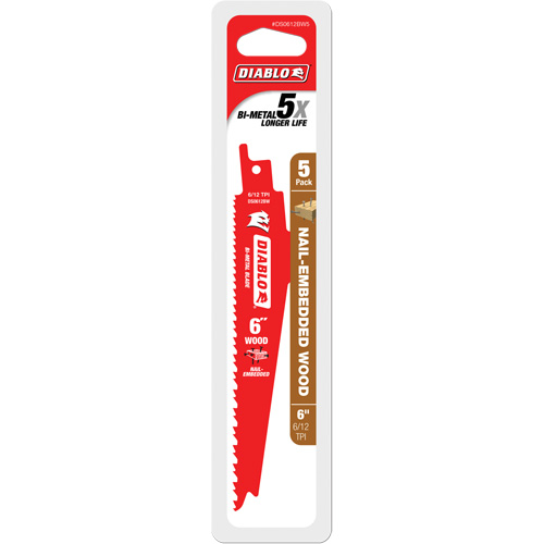 Diablo DS0612BW5C Lame de scie alternative pour le bois avec clous, Bim&eacute;tal, 6-12 Dents par pouce, 6" lo x 1" la