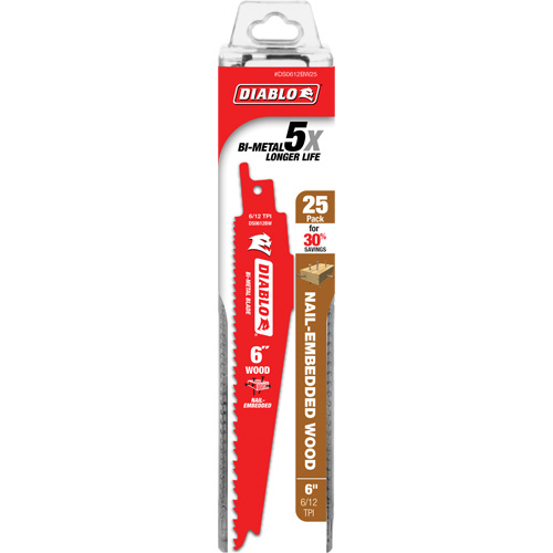 Diablo DS0612BW25C Reciprocating Saw Blade for Nail Embedded Wood, Bi-Metal, 6-12 TPI, 6" L x 1" W