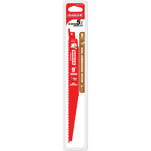 Diablo DS0912BW5C Reciprocating Saw Blade for Nail Embedded Wood, Bi-Metal, 6-12 TPI, 9" L x 1" W