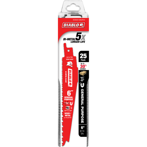 Diablo DS0614BGP25C General-Purpose Reciprocating Saw Blade, Bi-Metal, 8-14 TPI, 6" L x 1" W